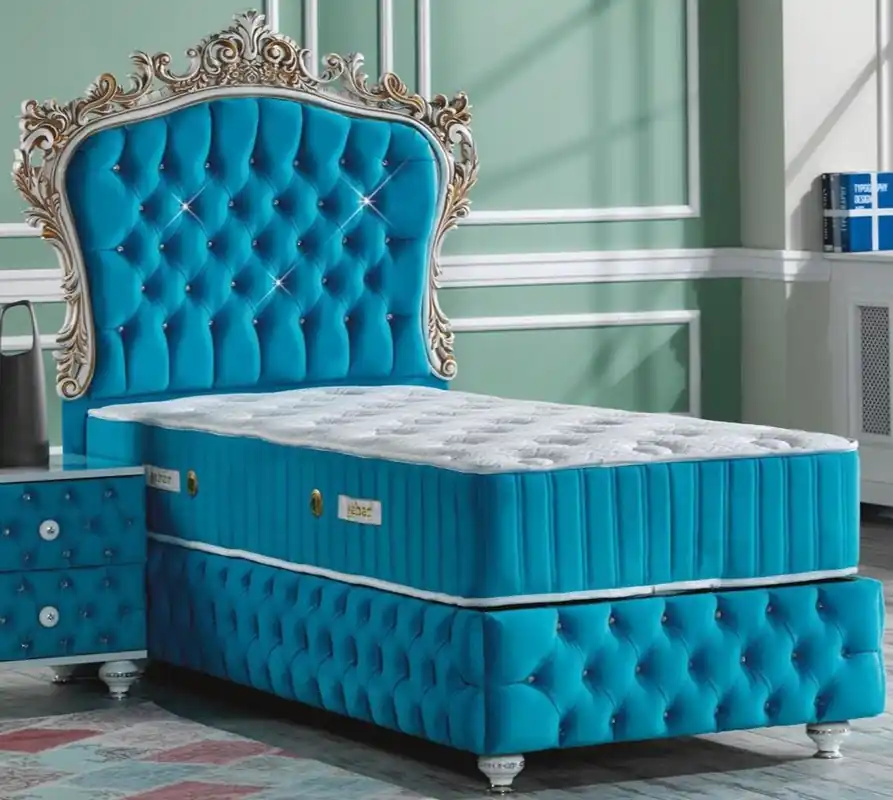 Casa Padrino Barock Einzelbett Türkis / Weiß / Antik Gold - Prunkvolles Samt Bett mit Glitzersteinen und Matratze Billig