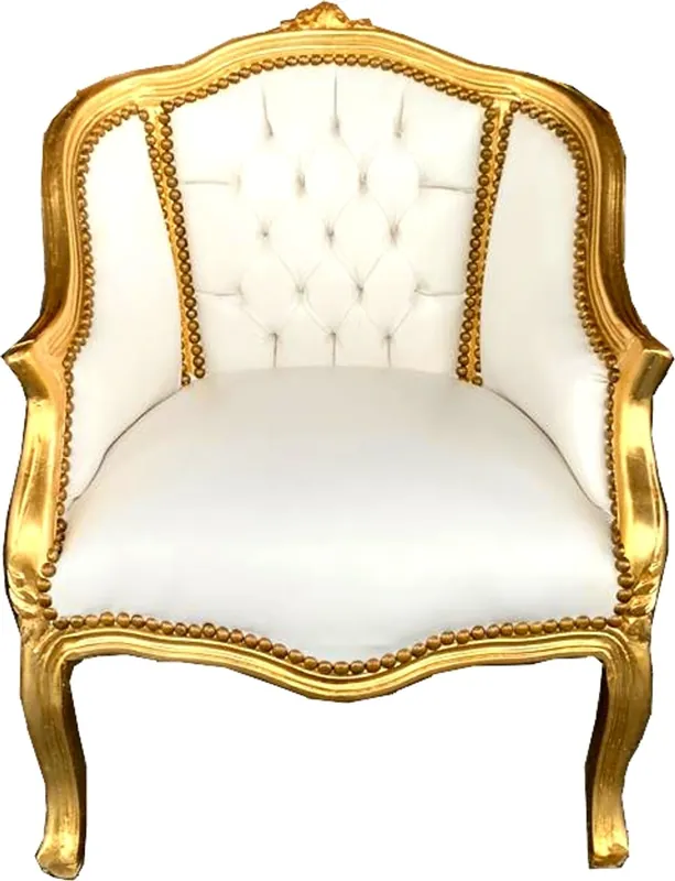 Casa Padrino Barock Damen Salon Sessel Weiß Kunstleder / Gold - Salon Möbel Kracherpreis