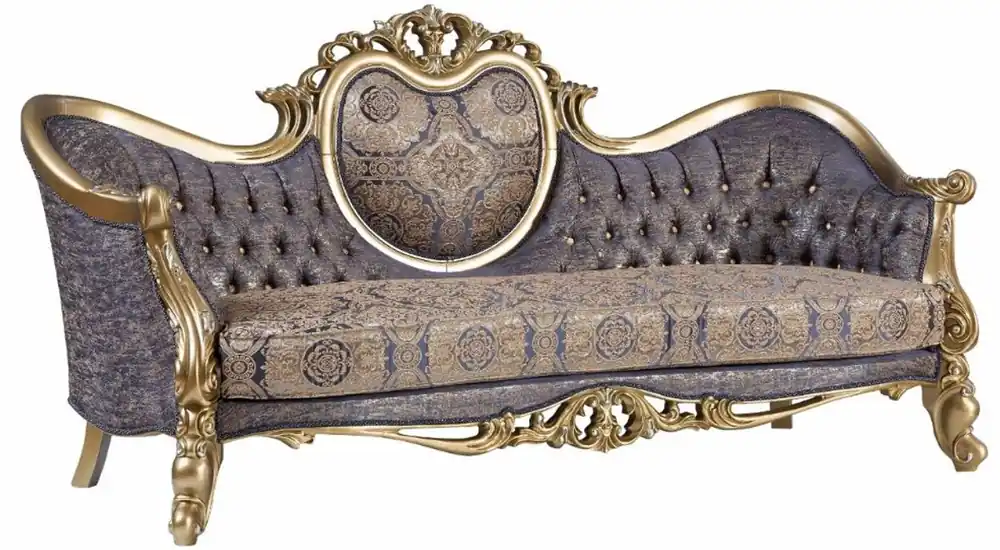 Casa Padrino Luxus Barock Sofa Blau / Gold / Silber 235 x 88 x H. 117 cm - Prunkvolles Wohnzimmer Sofa im Barockstil - Barock Möbel Must-Have