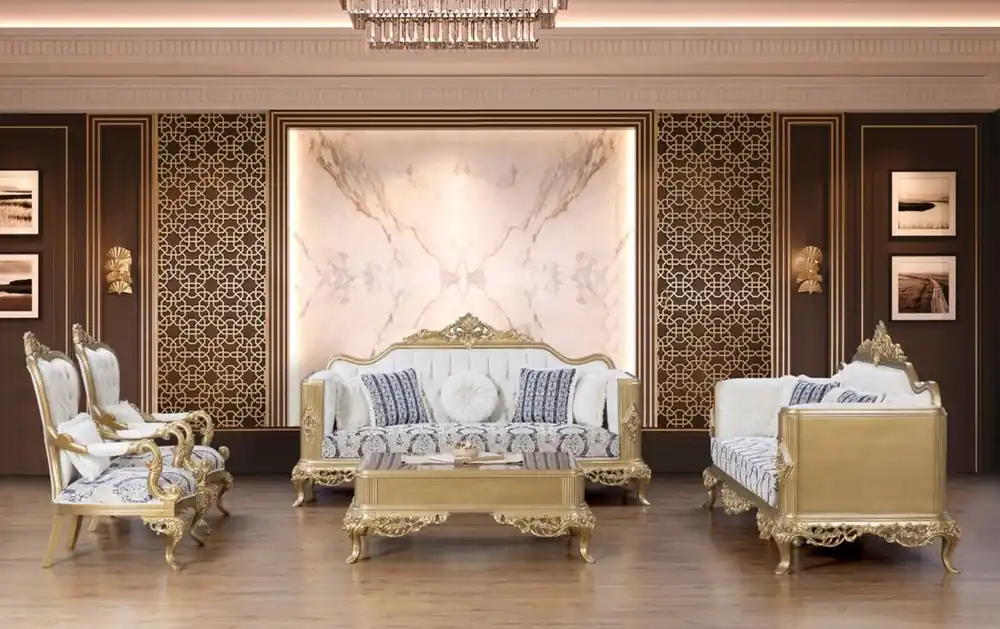 Casa Padrino Luxus Barock Wohnzimmer Set Blau / Weiß / Gold - 2 Sofas & 2 Sessel & 1 Couchtisch - Prunkvolle Barock Möbel - Wohnzimmer Möbel Preisreduziert