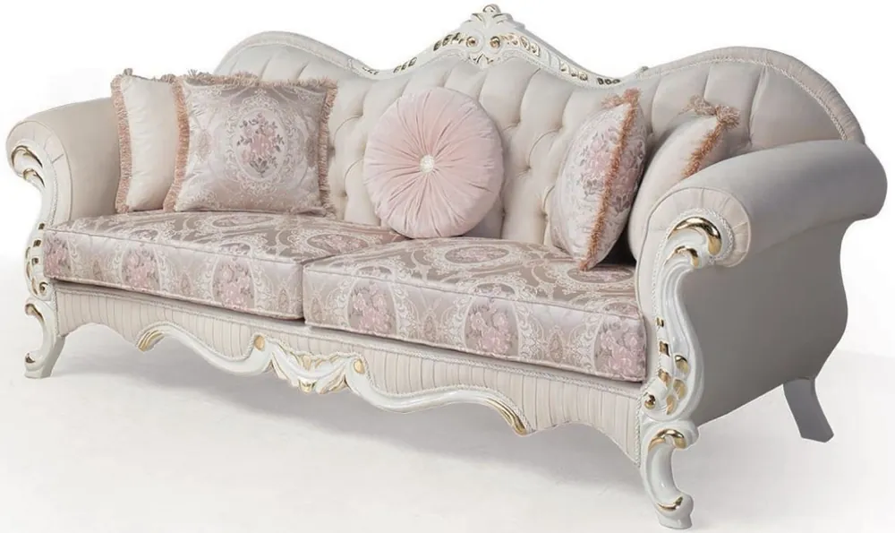 Expressversand Casa Padrino Luxus Barock Sofa Rosa / Weiß / Gold 237 x 90 x H. 99 cm - Wohnzimmer Couch mit dekorativen Kissen - Barockmöbel