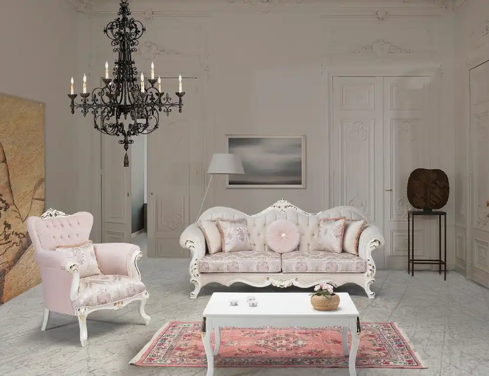 Günstig Casa Padrino Luxus Barock Wohnzimmer Set Rosa / Weiß / Gold - 2 Sofas & 2 Sessel & 1 Couchtisch - Wohnzimmer Möbel im Barockstil - Edel & Prunkvoll