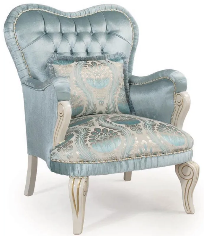 Zertifiziert Casa Padrino Luxus Barock Sessel Türkis / Creme / Gold 76 x 82 x H. 104 cm - Wohnzimmer Sessel mit dekorativem Kissen