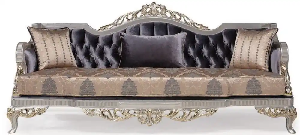Garantierte Lieferung Casa Padrino Luxus Barock Wohnzimmer Sofa mit Kissen Lila / Beige / Silber / Gold 228 x 93 x H. 108 cm - Barockmöbel