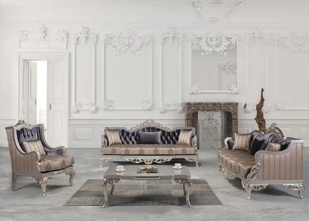 Markenware Casa Padrino Luxus Barock Wohnzimmer Set Lila / Beige / Silber / Gold - 2 Sofas & 2 Sessel & 1 Couchtisch - Wohnzimmer Möbel im Barockstil - Edel & Prunkvoll