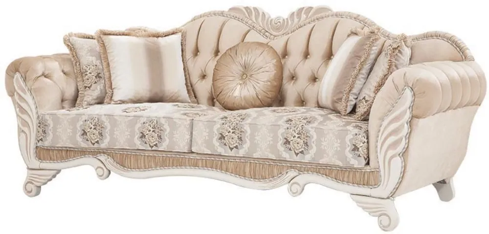 Casa Padrino Luxus Barock Sofa Beige / Weiß 230 x 88 x H. 96 cm - Wohnzimmer Sofa mit Blumenmuster und dekorativen Kissen - Barock Möbel Sichere Zahlung