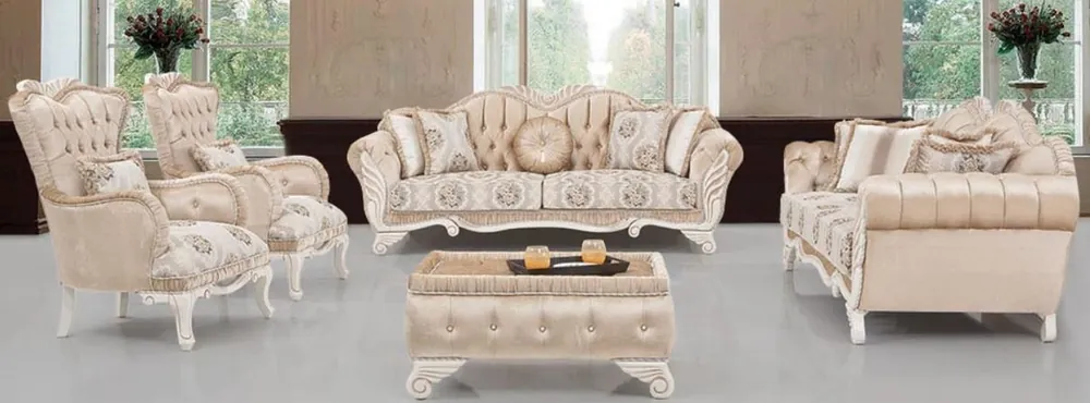 Günstig Casa Padrino Luxus Barock Wohnzimmer Set Beige / Weiß - 2 Sofas & 2 Sessel & 1 Hocker - Wohnzimmer Möbel im Barockstil - Edel & Prunkvoll