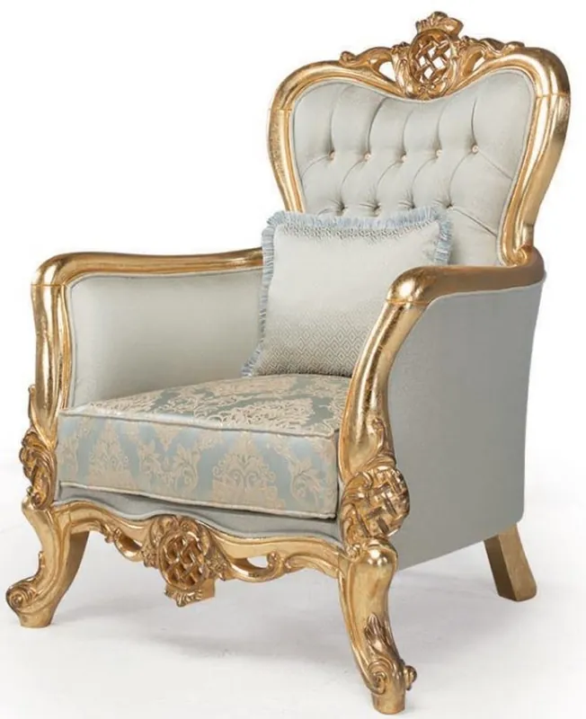 Casa Padrino Luxus Barock Sessel Hellblau / Türkis / Gold 93 x 73 x H. 120 cm - Wohnzimmer Sessel mit dekorativem Kissen - Barock Wohnzimmermöbel Direkt Vom Hersteller