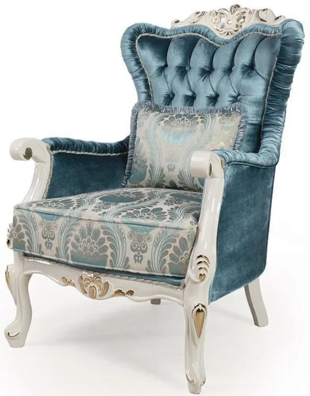 Zertifiziert Casa Padrino Luxus Barock Wohnzimmer Sessel mit Kissen Blau / Weiß / Gold 87 x 76 x H. 115 cm - Barock Möbel - Edel & Prunkvoll