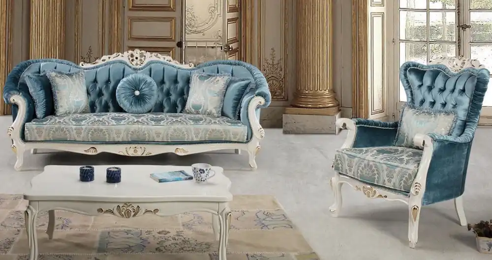 Garantierte Lieferung Casa Padrino Luxus Barock Wohnzimmer Set Blau / Weiß / Gold - 2 Sofas & 2 Sessel & 1 Couchtisch - Prunkvolle Wohnzimmer Möbel im Barockstil