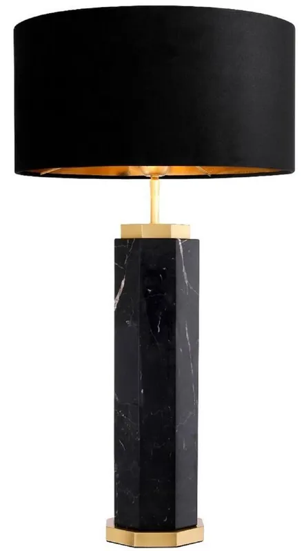 Casa Padrino Luxus Tischleuchte Schwarz / Antik Messing Ø 40 x H. 72,5 cm - Moderne Marmor Tischlampe mit rundem Lampenschirm - Luxus Qualität Garantierte Lieferung