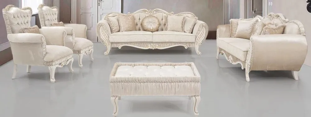 Markenprodukt Casa Padrino Luxus Barock Wohnzimmer Set Beige / Creme / Gold - 2 Sofas & 2 Sessel & 1 Beistelltisch - Wohnzimmer Möbel im Barockstil - Edel & Prunkvoll