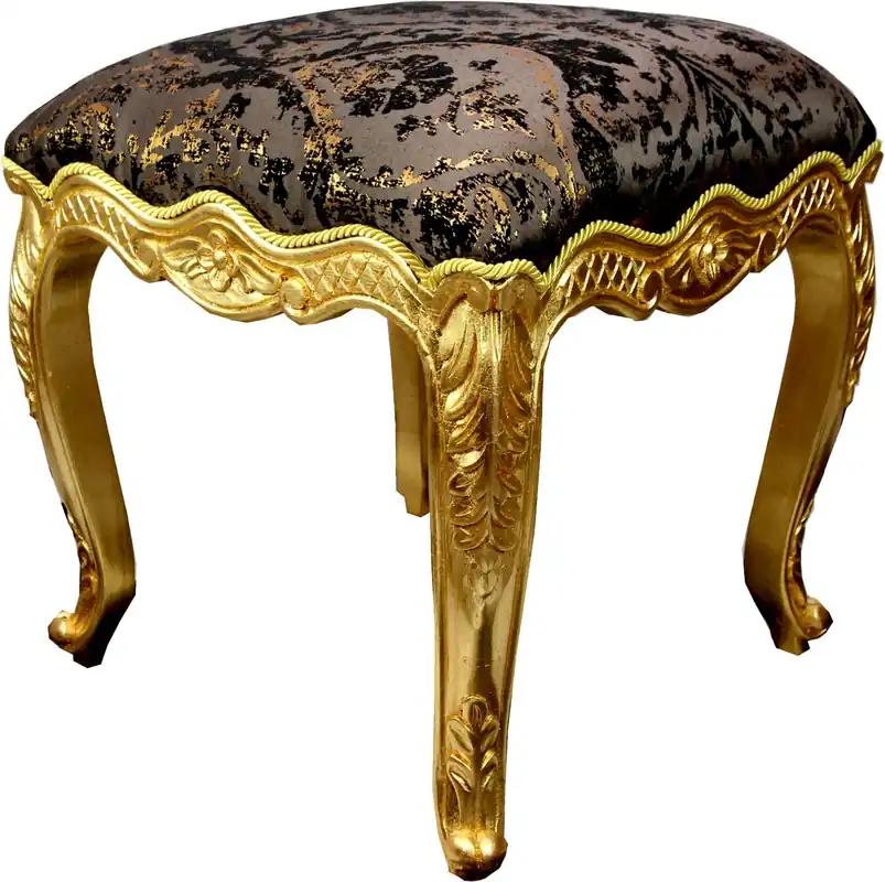 Pompöös by Casa Padrino Luxus Barock Sitzhocker Eckig Grau / Schwarz Muster / Gold - Pompööser Barock Hocker designed by Harald Glööckler Garantierte Lieferung