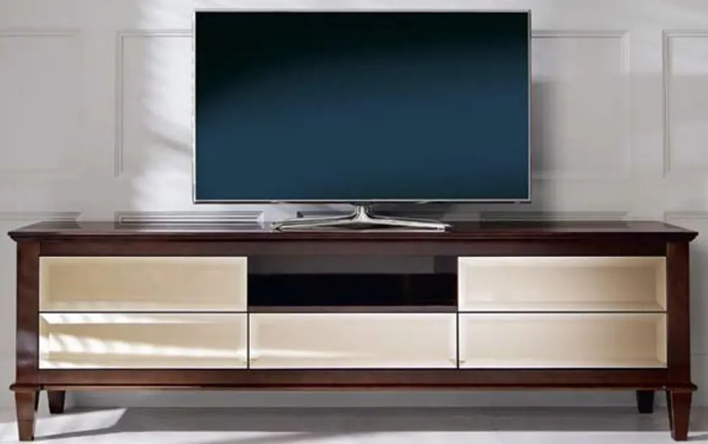 Versand Am Gleichen Tag Casa Padrino Luxus Neoklassik Fernsehschrank Braun 200 x 45 x H. 61 cm - TV Schrank mit 5 verspiegelten Schubladen - Luxus Wohnzimmer Möbel