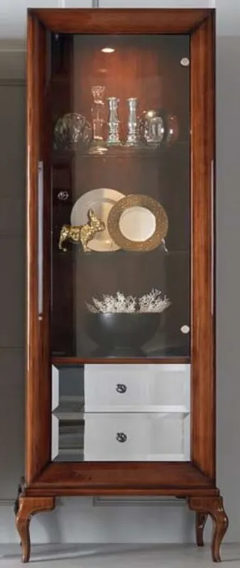 Aktuell Casa Padrino Luxus Neoklassik Vitrine Braun 76 x 42 x H. 200 cm - Vitrinenschrank mit Glastür und 2 verspiegelten Schubladen - Wohnzimmer Möbel