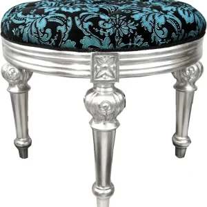 Pompöös by Casa Padrino Luxus Barock Sitzhocker Rund Türkis Schwarz Muster / Silber - Pompööser Barock Hocker designed by Harald Glööckler Beliebt