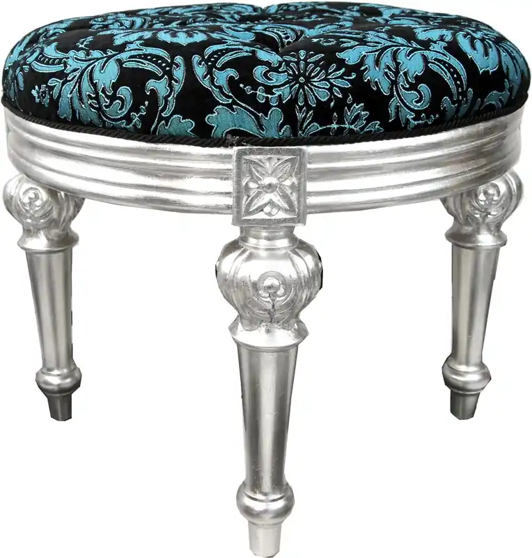 Pompöös by Casa Padrino Luxus Barock Sitzhocker Rund Türkis Schwarz Muster / Silber - Pompööser Barock Hocker designed by Harald Glööckler Beliebt