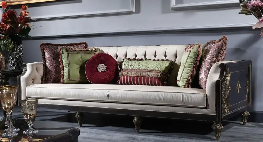Casa Padrino Luxus Barock Wohnzimmer Sofa Creme / Blau / Schwarz / Gold 238 x 92 x H. 86 cm - Prunkvolle Barock Möbel Highlight