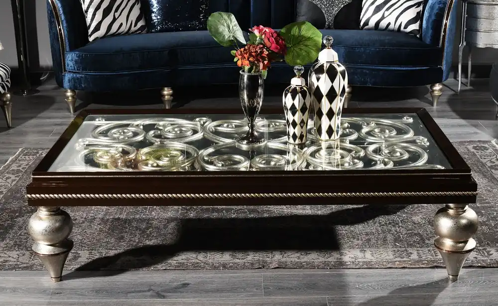 Casa Padrino Luxus Barock Couchtisch Dunkelbraun / Antik Silber 167 x 92 x H. 48 cm - Prunkvoller Massivholz Wohnzimmertisch mit Glasplatte - Luxus Qualität Sonderangebot
