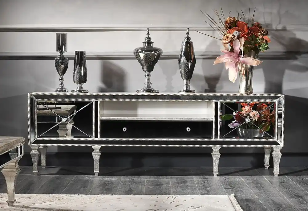 Knallerangebot Casa Padrino Luxus Barock Fernsehschrank mit Spiegelglas Silber / Gold 200 x 55 x H. 72 cm - Verspiegelter TV Schrank - Luxus Qualität