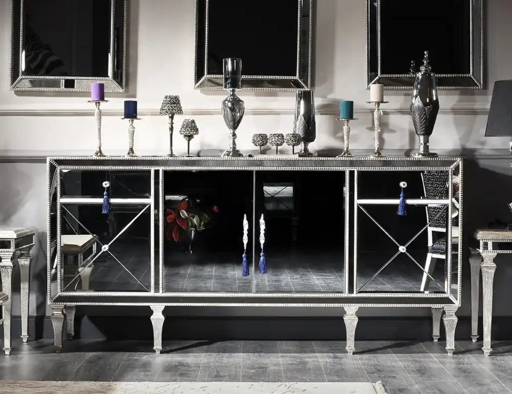 Markenware Casa Padrino Luxus Barock Kommode mit Spiegelglas Silber / Gold 205 x 55 x H. 100 cm - Verspiegelter Wohnzimmerschrank - Luxus Qualität
