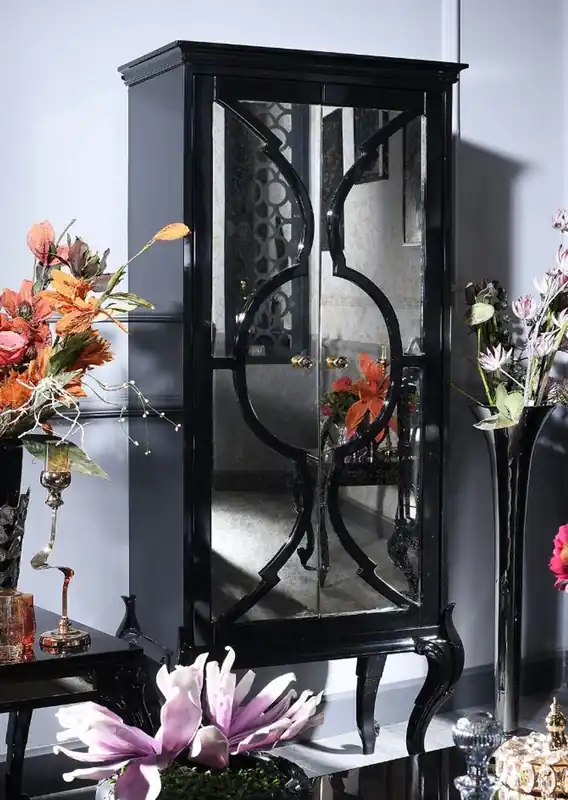 Casa Padrino Luxus Barock Wohnzimmerschrank Schwarz 81 x 45 x H. 192 cm - Massivholz Schrank mit 2 verspiegelten Türen - Barock Wohnzimmermöbel Must-Have