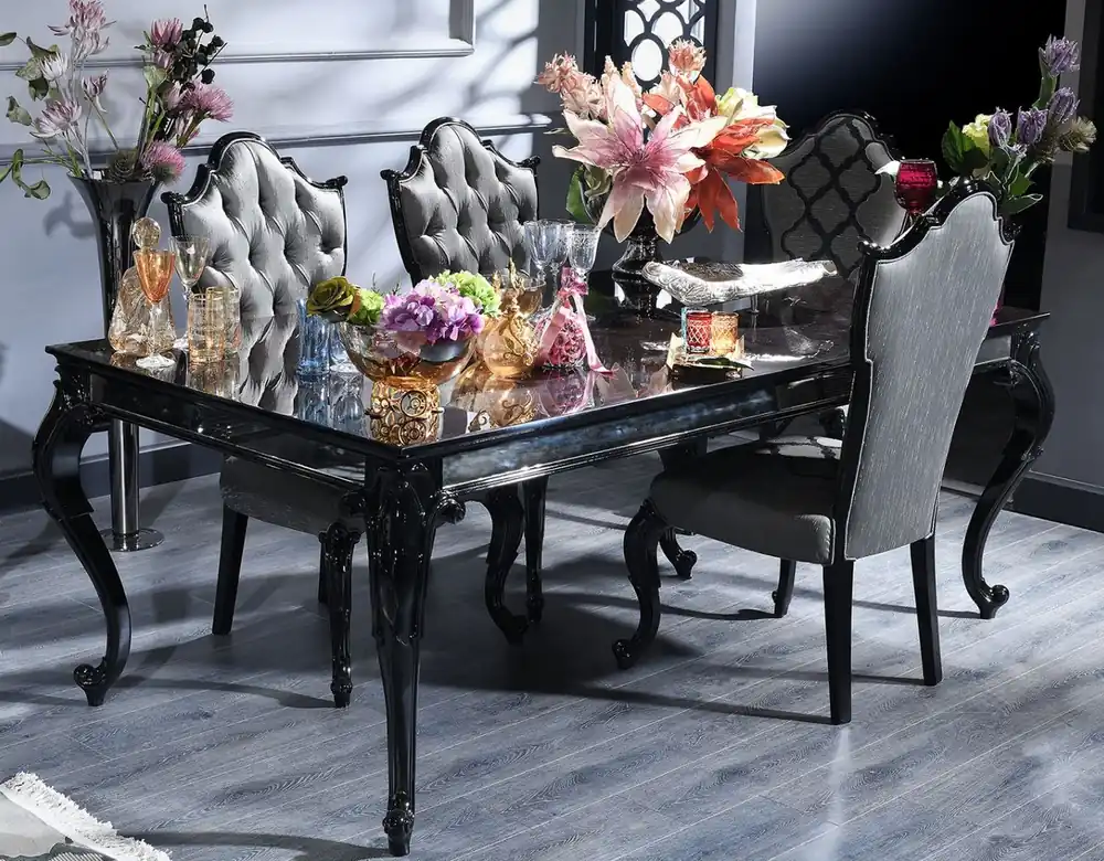 Casa Padrino Luxus Barock Esszimmer Set Silber / Grau / Schwarz - 1 Esstisch & 6 Esszimmerstühle - Esszimmermöbel im Barockstil - Luxus Qualität - Made in Italy Günstig