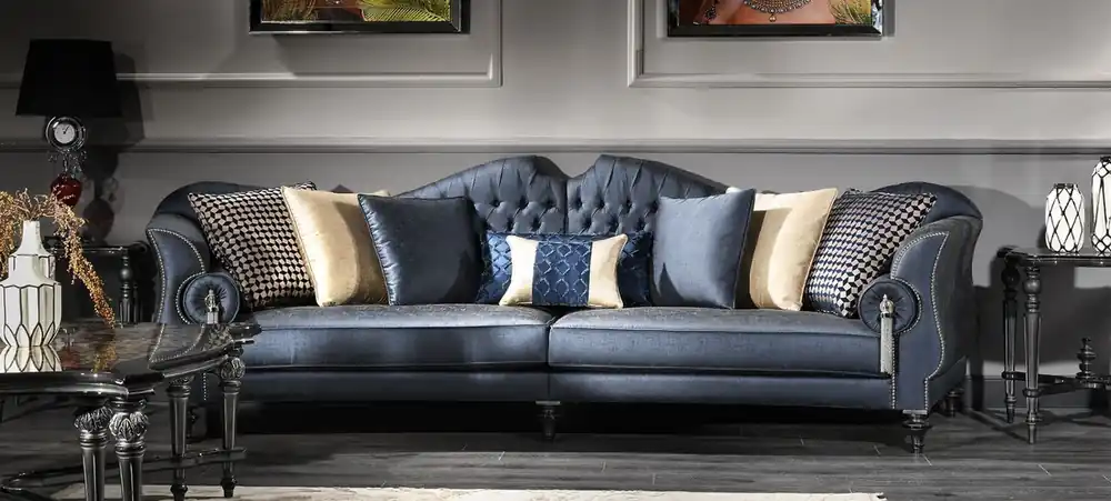 Casa Padrino Luxus Barock Wohnzimmer Sofa Blau / Silber / Schwarz 300 x 94 x H. 88 cm - Edel & Prunkvoll Begrenztes Angebot
