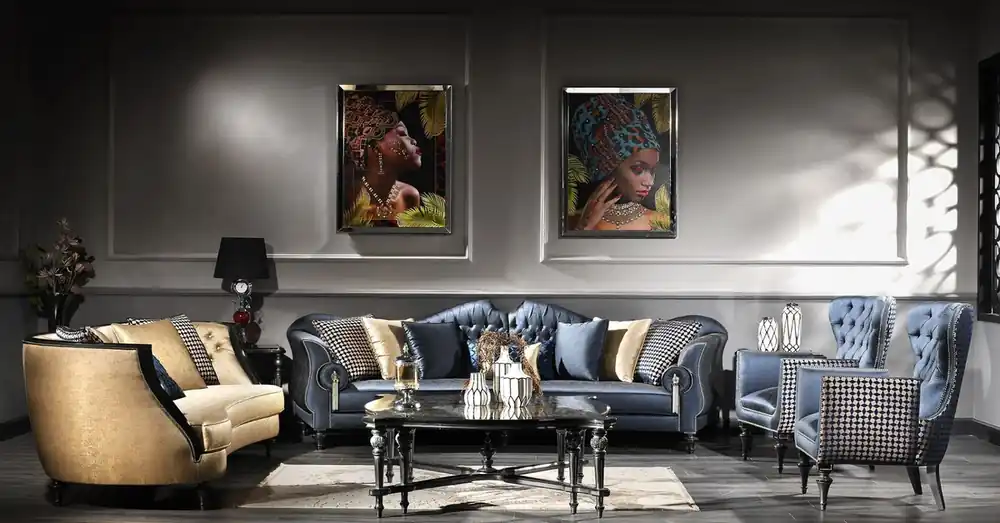 Casa Padrino Luxus Barock Wohnzimmer Set Blau / Gold / Schwarz - 2 Sofas & 2 Sessel & 1 Couchtisch & 2 Beistelltische - Barock Möbel - Edel & Prunkvoll Jetzt Bestellen