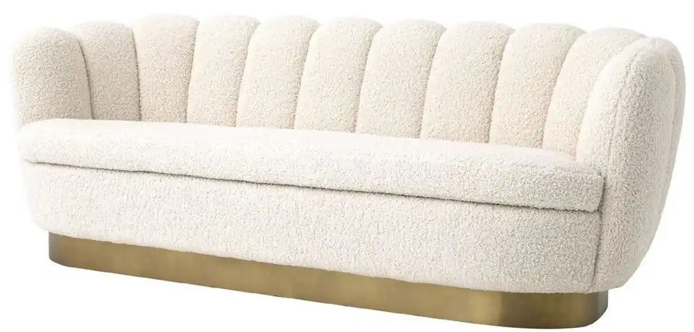 Casa Padrino Luxus Wohnzimmer Sofa mit künstlichem Lammfell Weiß / Messingfarben 225 x 90 x H. 80 cm - Luxus Möbel Neue Ware