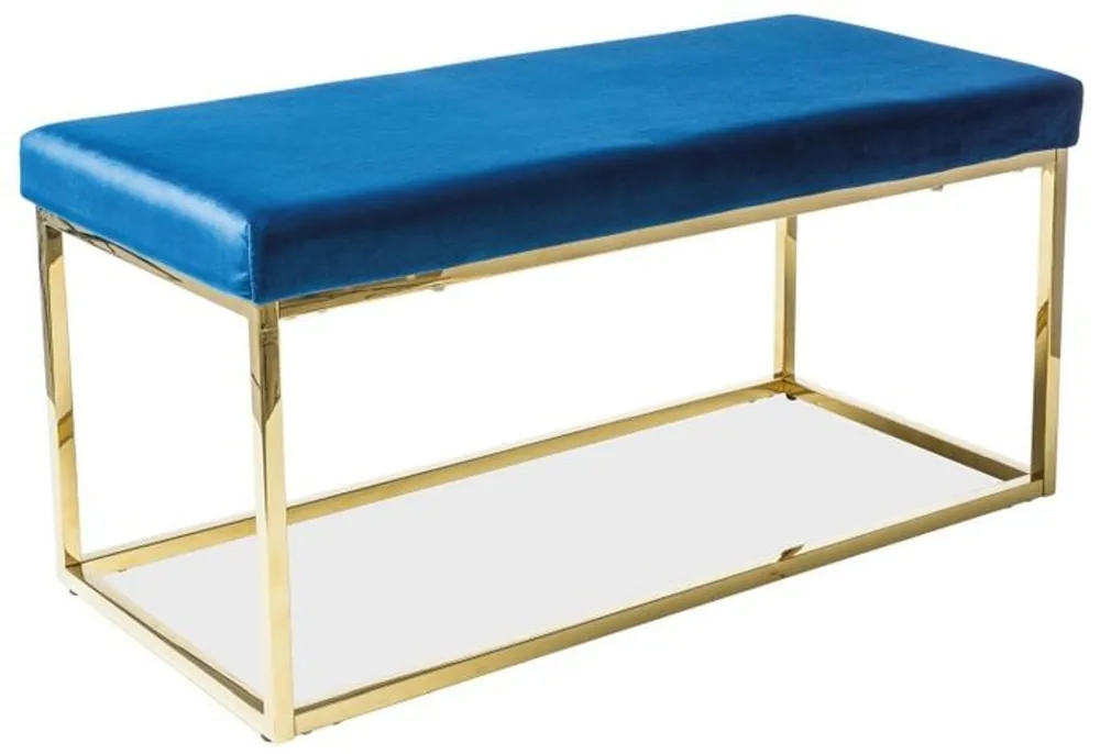 Günstig Casa Padrino Luxus Sitzbank Blau / Gold 100 x 46 x H. 48 cm - Gepolsterte Samt Bank mit Edelstahl Gestell