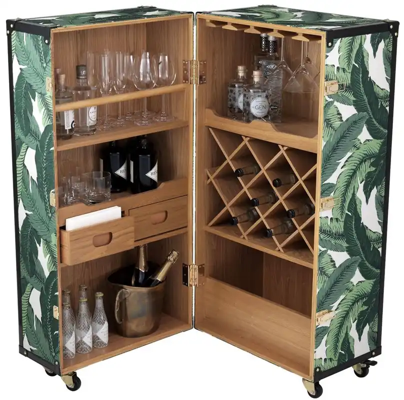 Bestpreis Casa Padrino Luxus Weinschrank mit Rollen Grün / Weiß / Schwarz / Gold 58 x 58 x H. 122 cm - Cocktailschrank - Kofferschrank im Retro Look - Barschrank im Vintage Koffer Design