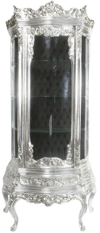Casa Padrino Barock Vitrine Silber / Schwarz 80 x 40 x H. 200 cm - Prunkvoller Barock Vitrinenschrank mit Glastür und wunderschönen Verzierungen - Barock Möbel Neu