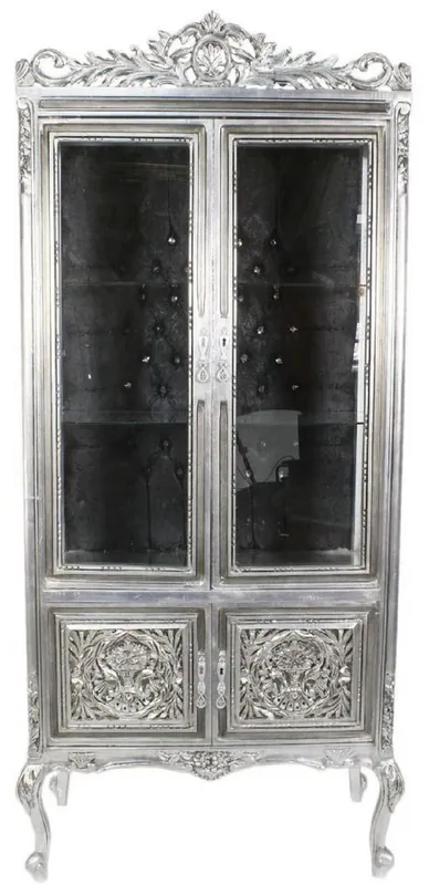 Casa Padrino Barock Vitrine Silber / Schwarz 100 x 40 x H. 170 cm - Prunkvoller Barock Vitrinenschrank mit 2 Glastüren wunderschönen Verzierungen und Glitzersteinen Günstig
