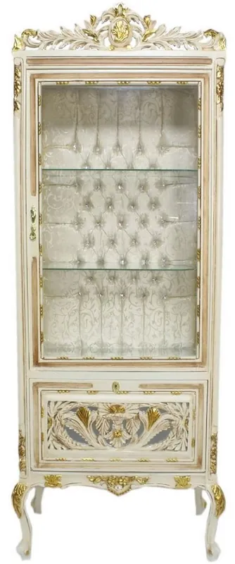 Casa Padrino Barock Vitrine Cremefarben / Beige / Gold 70 x 40 x H. 170 cm - Prunkvoller Barock Vitrinenschrank mit Glastür und Glitzersteinen - Barock Möbel Ausverkauf