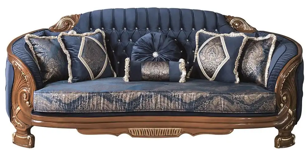 Casa Padrino Luxus Barock Wohnzimmer Sofa mit Glitzersteinen und dekorativen Kissen Blau / Braun 240 x 90 x H. 105 cm - Edel & Prunkvoll Günstig