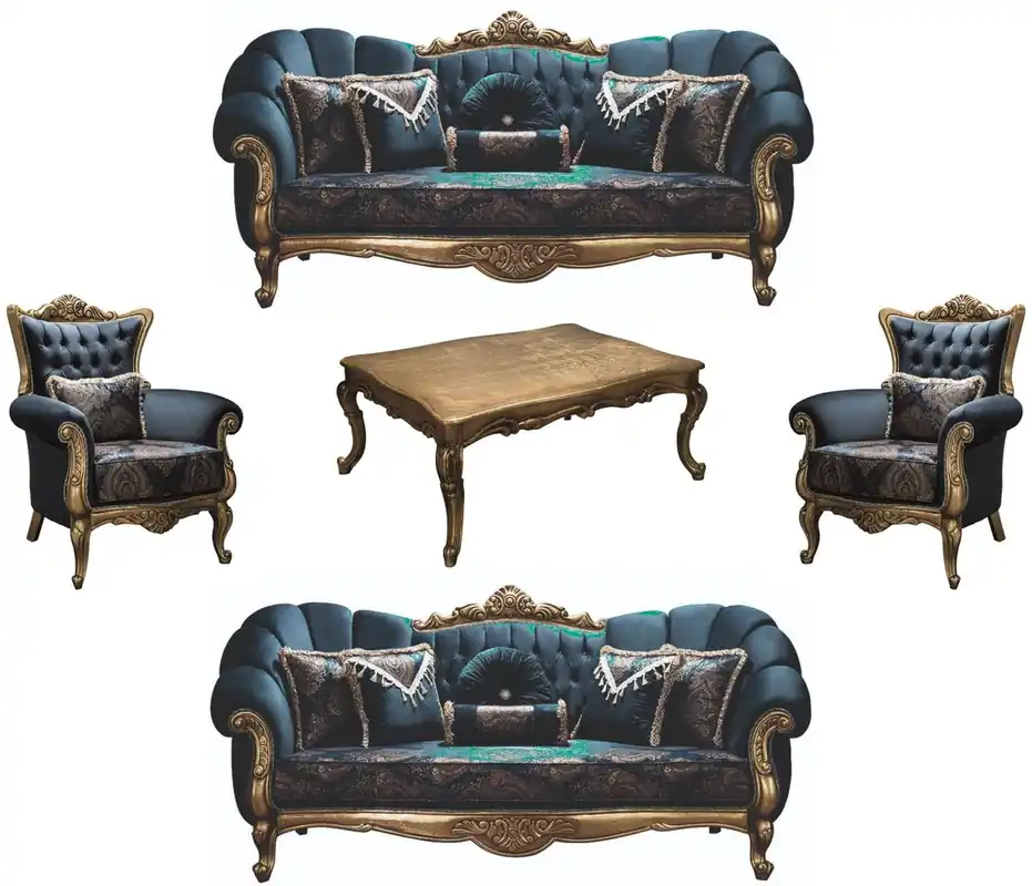 Aktuell Casa Padrino Luxus Barock Wohnzimmer Set Blau / Gold - 2 Sofas & 2 Sessel & 1 Couchtisch - Wohnzimmer Möbel - Edel & Prunkvoll