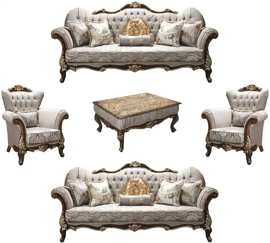 Must-Have Casa Padrino Luxus Barock Wohnzimmer Set Silbergrau / Braun / Gold - 2 Sofas & 2 Sessel & 1 Couchtisch - Wohnzimmer Möbel - Edel & Prunkvoll
