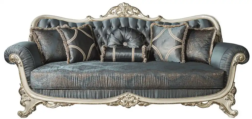Neue Kollektion Casa Padrino Luxus Barock Wohnzimmer Sofa mit Glitzersteinen und dekorativen Kissen Blau / Creme / Gold 240 x 95 x H. 105 cm - Edle Couch im Barockstil