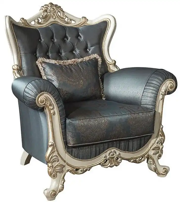 Must-Have Casa Padrino Luxus Barock Wohnzimmer Sessel mit Glitzersteinen und dekorativem Kissen Blau / Creme / Gold 110 x 85 x H. 112 cm - Barockstil Möbel