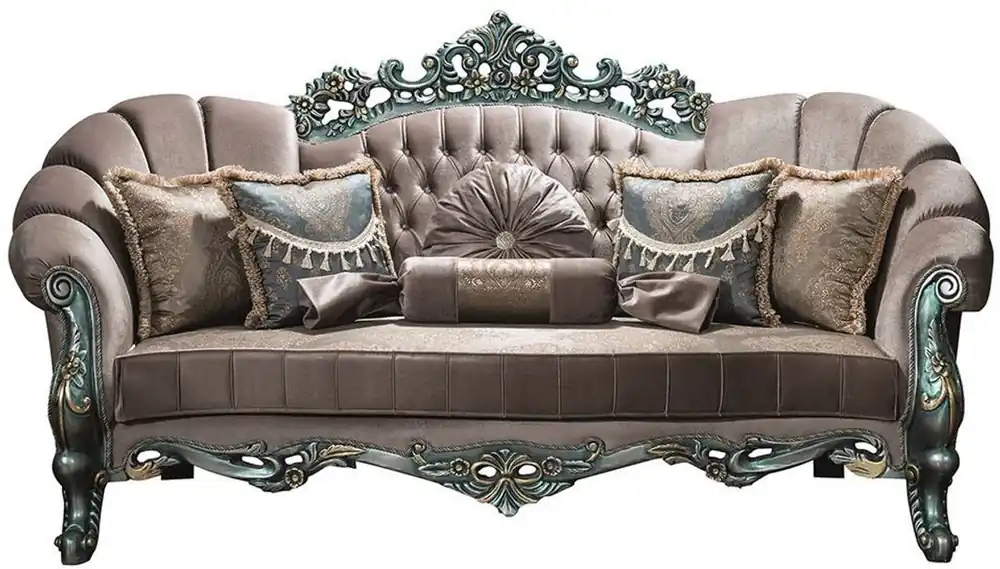 Sale Casa Padrino Luxus Barock Samt Sofa Grau / Grün / Gold 225 x 95 x H. 115 cm - Prunkvolles Wohnzimmer Sofa mit Glitzersteinen und dekorativen Kissen