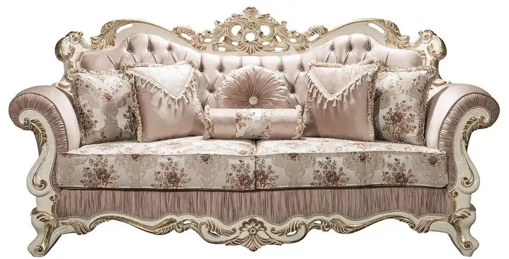 Casa Padrino Luxus Barock Sofa Rosa / Weiß / Gold 230 x 100 x H. 110 cm - Wohnzimmer Sofa mit Glitzersteinen und dekorativen Kissen - Barockmöbel Neuheit