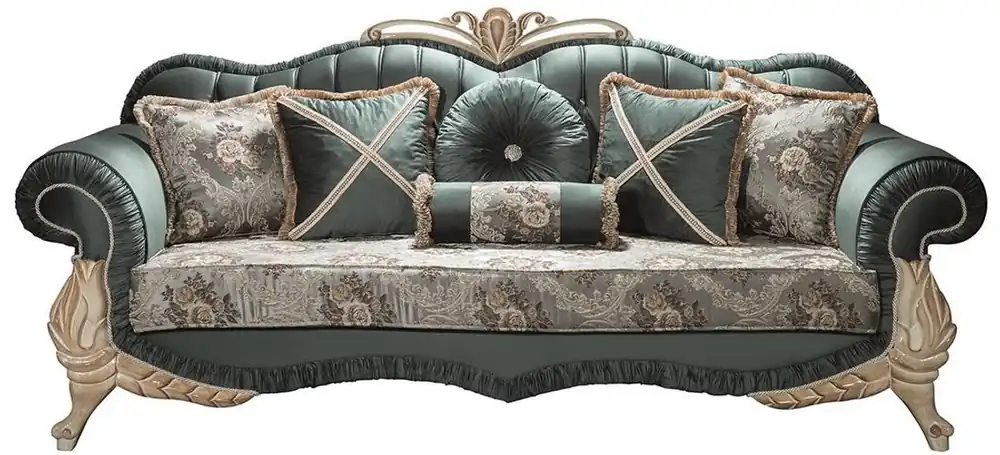 Geprüft Casa Padrino Luxus Barock Wohnzimmer Sofa mit Glitzersteinen und dekorativen Kissen Grün / Creme / Beige 220 x 85 x H. 100 cm - Möbel im Barockstil
