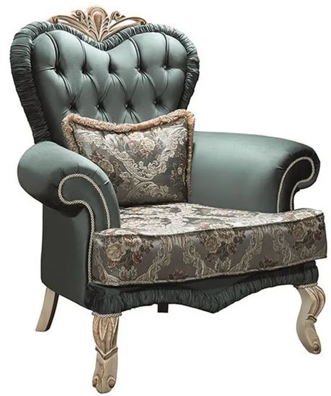 Casa Padrino Luxus Barock Wohnzimmer Sessel mit Glitzersteinen und dekorativem Kissen Grün / Creme / Beige 100 x 80 x H. 110 cm - Möbel im Barockstil Sofort Bestellen