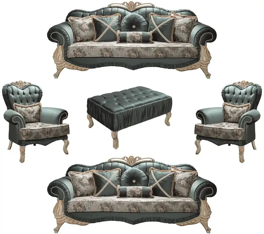 Casa Padrino Luxus Barock Wohnzimmer Set Grün / Creme / Beige - 2 Sofas & 2 Sessel & 1 Couchtisch - Wohnzimmer Möbel im Barockstil - Edel & Prunkvoll Geprüft