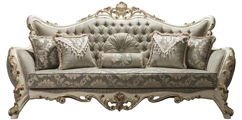 Casa Padrino Luxus Barock Wohnzimmer Sofa Grau / Weiß / Gold 235 x 95 x H. 120 cm - Prunkvolle Couch mit Glitzersteinen und dekorativen Kissen - Edle Barockmöbel Neu Im Sortiment