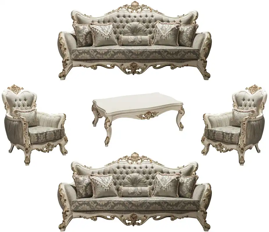 Schneller Versand Casa Padrino Luxus Barock Wohnzimmer Set Grau / Weiß / Gold - 2 Sofas & 2 Sessel & 1 Couchtisch - Barockstil Möbel - Edel & Prunkvoll