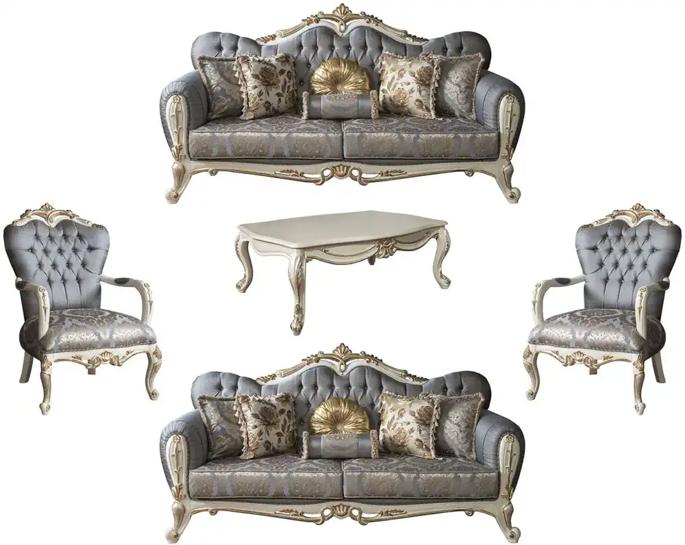 Casa Padrino Luxus Barock Wohnzimmer Set Blau / Weiß / Gold - 2 Sofas & 2 Sessel & 1 Couchtisch - Möbel im Barockstil - Edel & Prunkvoll Markenprodukt