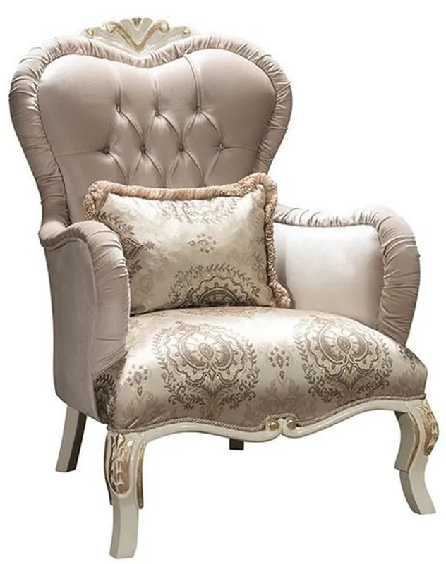 Casa Padrino Luxus Barock Wohnzimmer Sessel mit Glitzersteinen und dekorativem Kissen Grau / Creme / Gold 90 x 85 x H. 110 cm - Edle Barockstil Möbel Online Kaufen