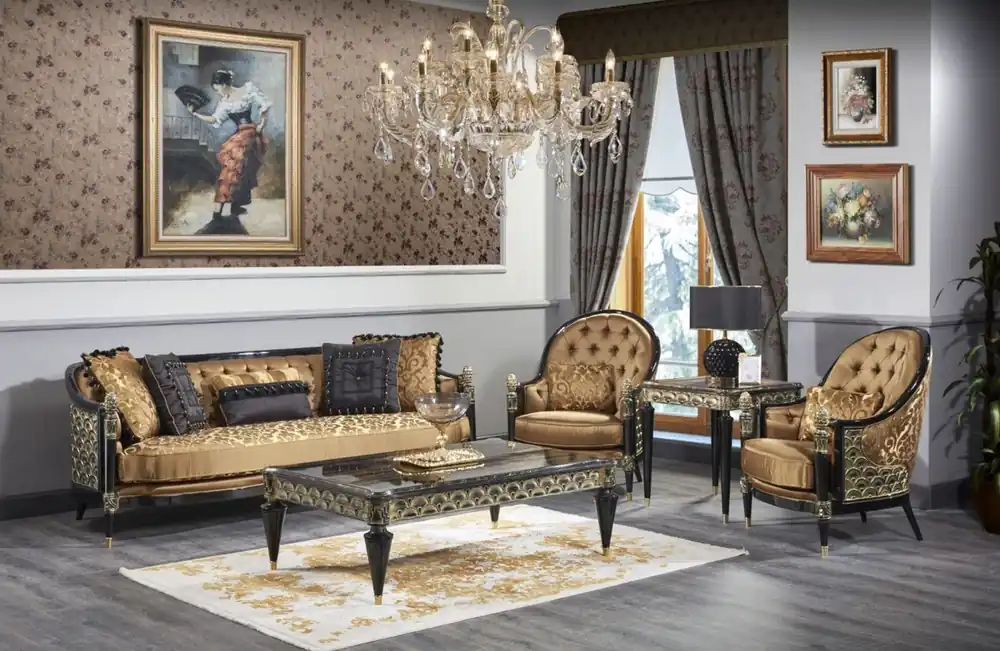 Casa Padrino Luxus Barock Wohnzimmer Set Gold / Schwarz - 1 Sofa & 2 Sessel & 1 Couchtisch & 1 Beistelltisch - Prunkvolle Barock Möbel - Luxus Qualität Sonderaktion